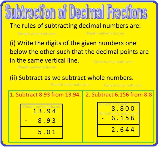 Subtraction of decimals: rules, examples