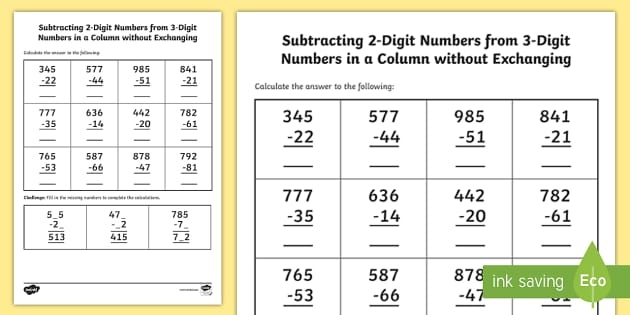Subtraksjon av tosifrede, tresifrede og flersifrede tall med en kolonne
