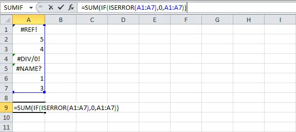 Sum a range with errors in Excel