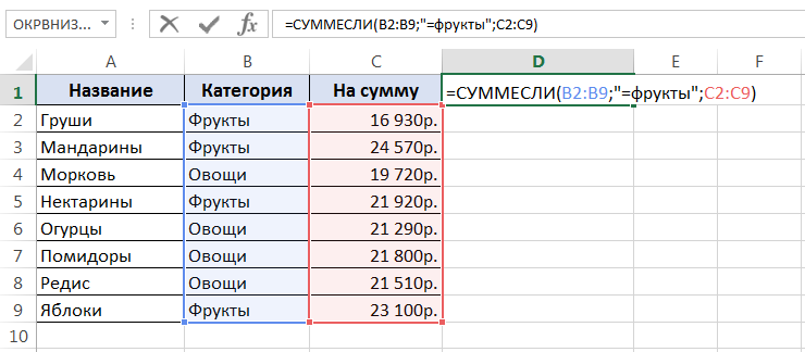 Sum in Excel using the SUM and SUMIF functions