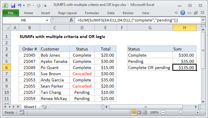 Summation with &#8220;OR&#8221; criterion in Excel