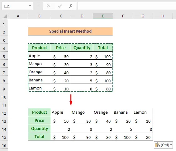 Transposing a table in Excel