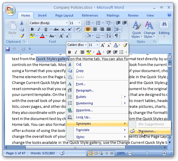 Using thesaurus and dictionary in Word for better writing