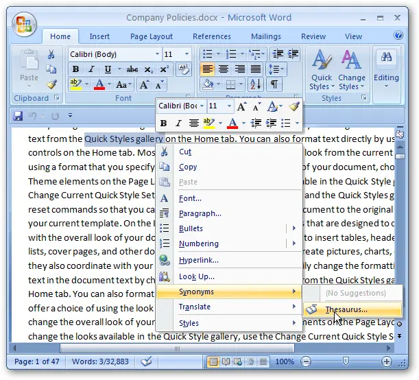 Using thesaurus and dictionary in Word for better writing