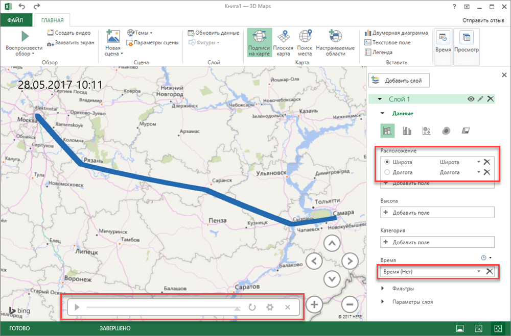 Visualization of movement along the route