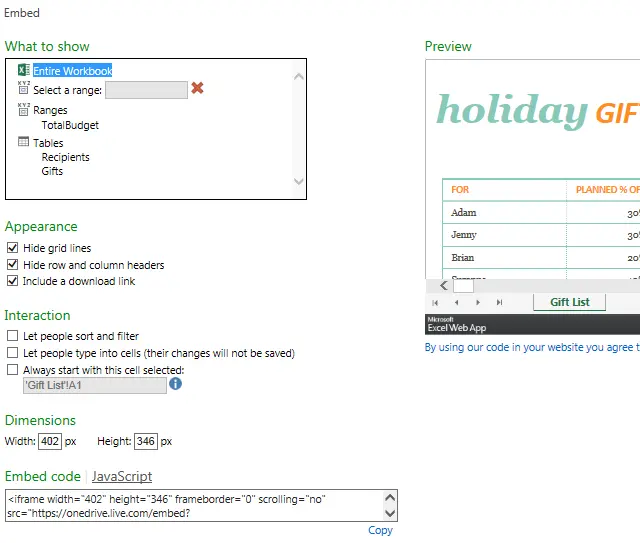 We send Excel sheets to the Internet, share them, paste them into a web page and make them interactive