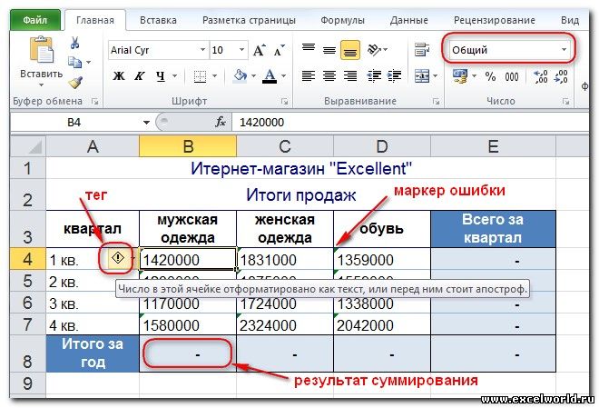 Why is it not summarized (saves the number as text) in Excel