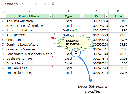 Working with cell notes in Excel