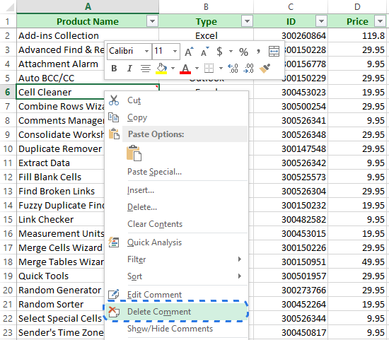 Working with cell notes in Excel