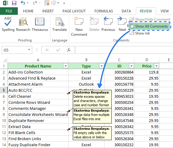 Working with cell notes in Excel