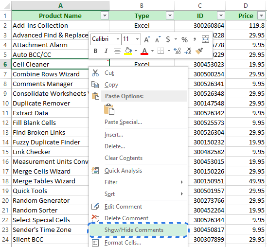 Working with cell notes in Excel