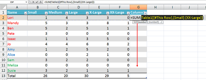 Working with tables in Excel