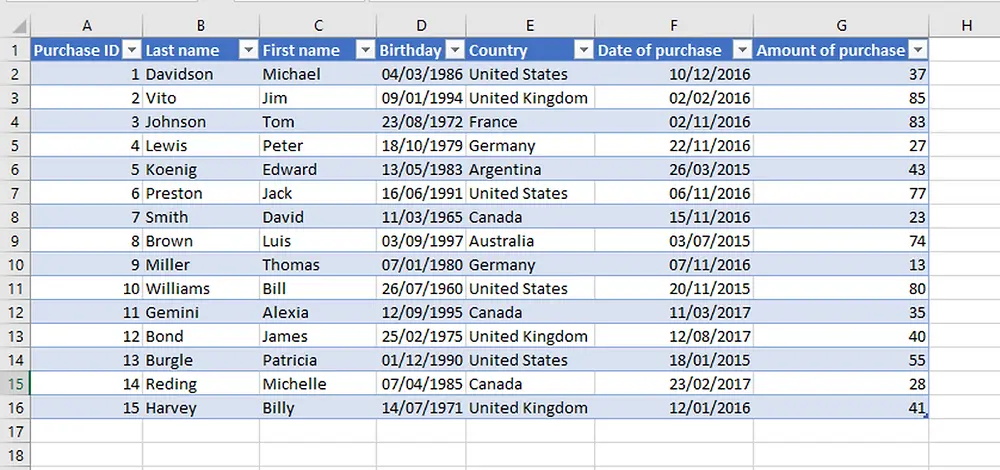 Working with tables in Excel