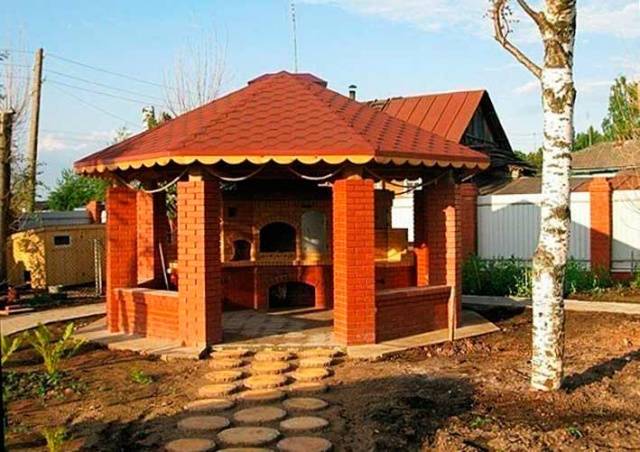 Brick gazebo with barbecue: project + drawings 