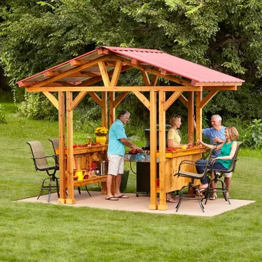 Brick gazebo with barbecue: project + drawings 