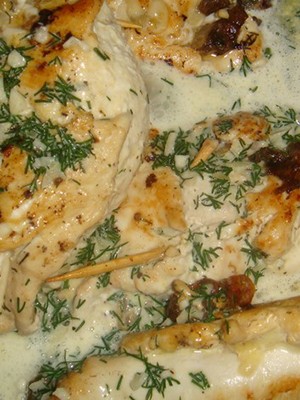 Champignon dish with chicken and cheese