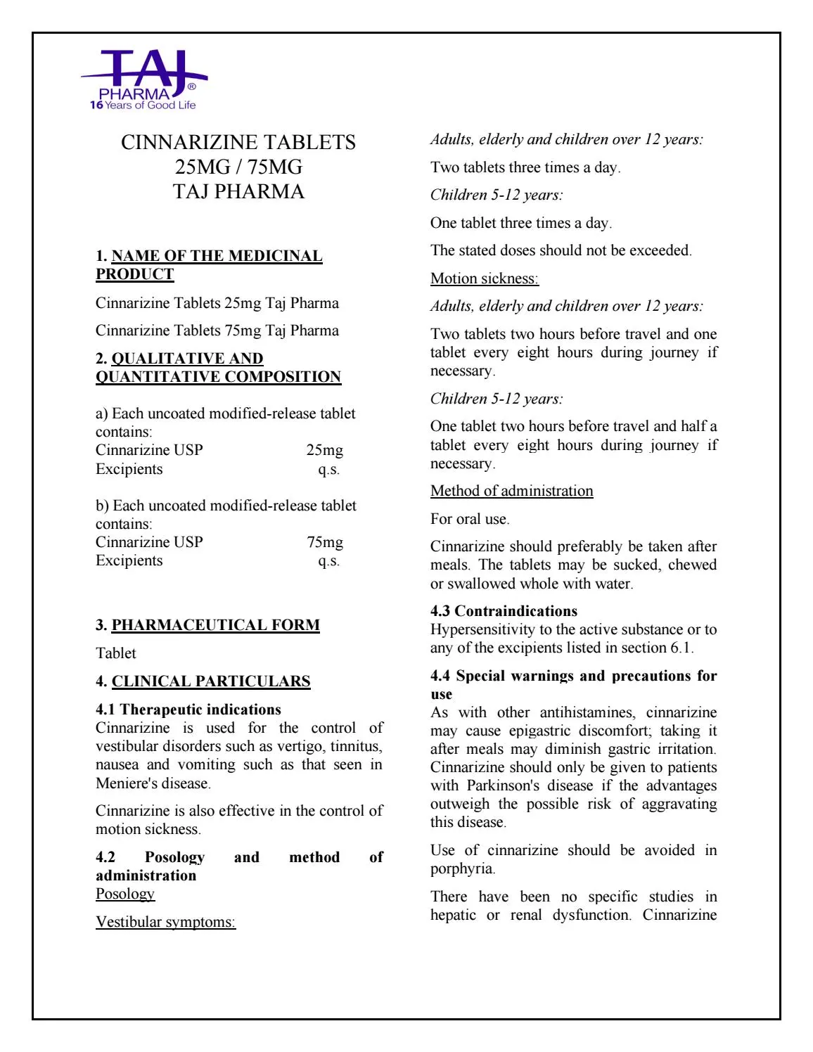 Cinnarizinum &#8211; indications, composition, action, contraindications, warnings, interactions, side effects