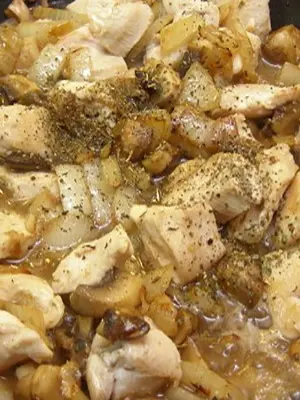 Dishes of champignons with onions