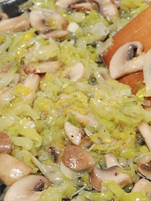 Dishes of champignons with onions