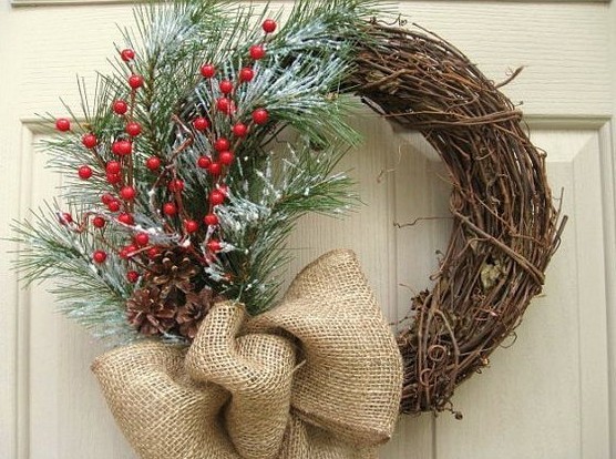 DIY Christmas wreath from branches: spruce, birch, willow