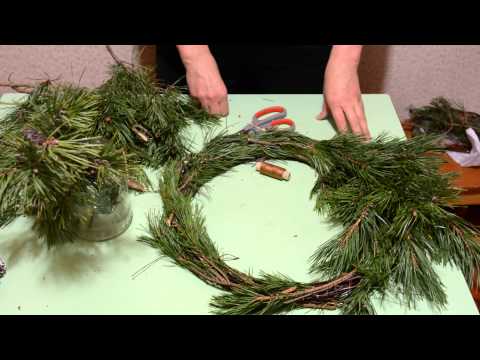 DIY Christmas wreath from branches: spruce, birch, willow