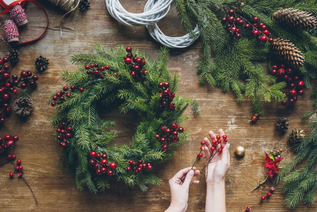 DIY Christmas wreath from branches: spruce, birch, willow