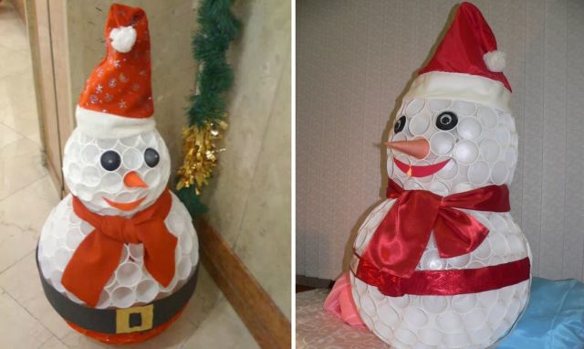 Do-it-yourself snowman made of plastic cups: step by step instructions + photo