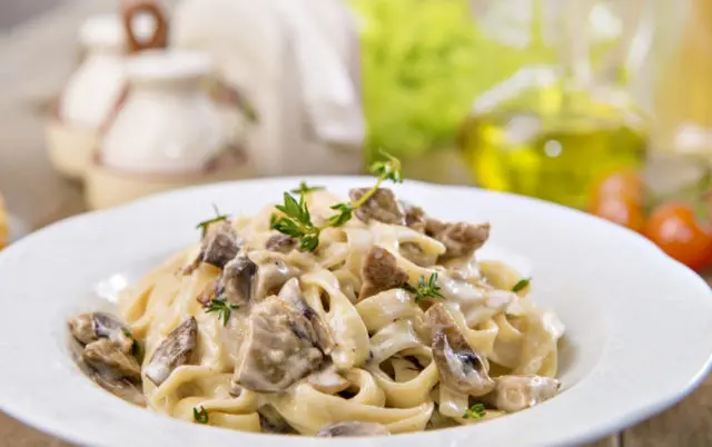 Fettuccine with porcini mushrooms: in creamy sauce, with bacon, chicken