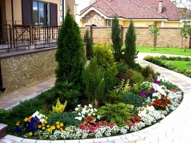 Flowerbed with conifers and flowers