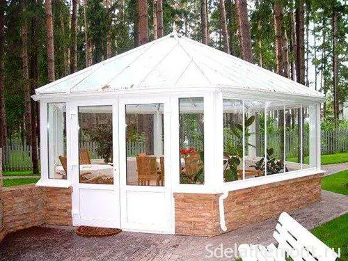 Glazing of gazebos in the country: panoramic, sliding, frameless, stained glass windows, wooden frames, plastic double-glazed windows