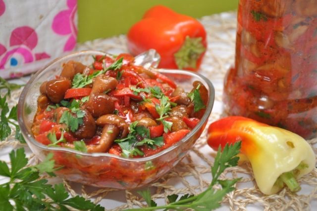 Honey mushrooms in tomato sauce: with onions, tomatoes, spicy