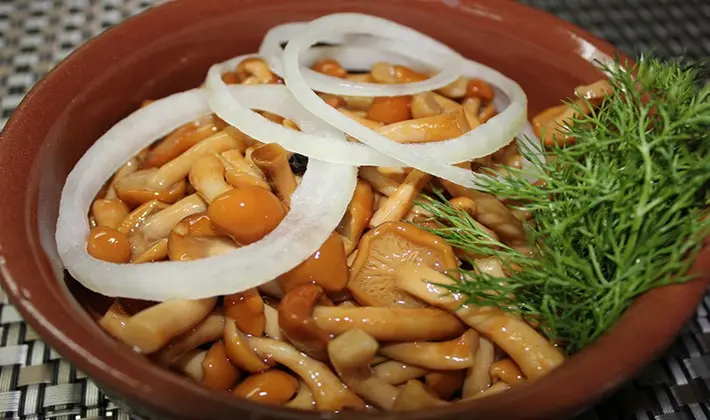 Honey mushrooms marinated for the winter with different types of vinegar