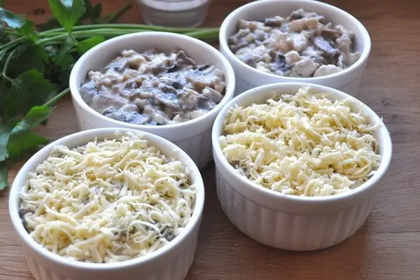 Julienne with mushrooms, chicken and cream: homemade recipes