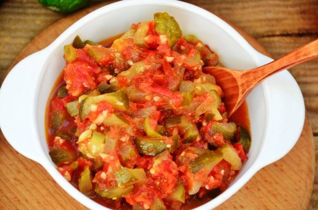 Lecho with cucumbers, tomatoes and peppers 