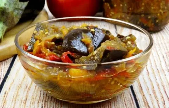 Lecho with eggplants, tomatoes and peppers