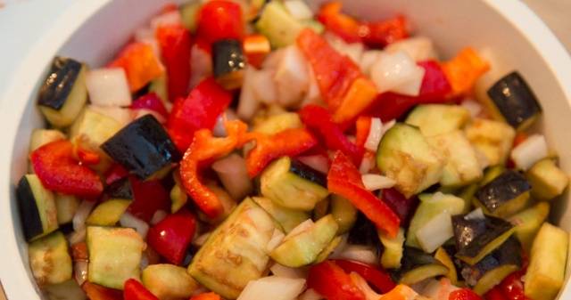 Lecho with eggplants, tomatoes and peppers