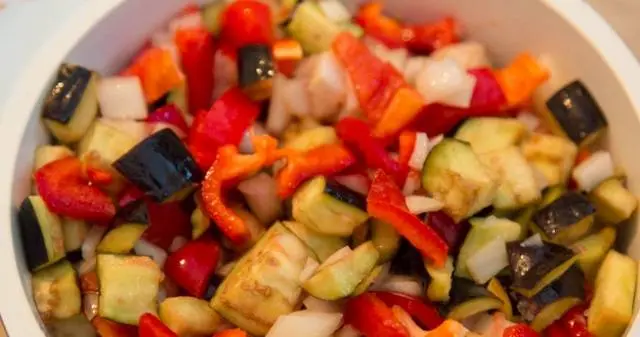 Lecho with eggplants, tomatoes and peppers