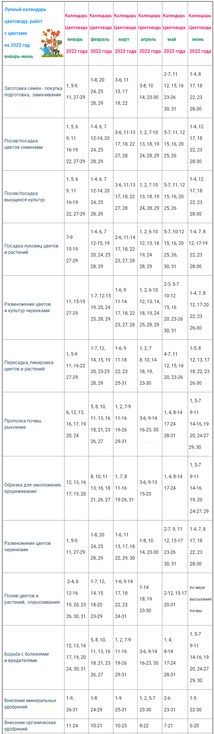 Lunar sowing calendar for florist for May 2022