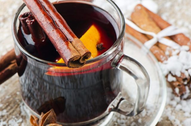 Mulled wine on cherry juice, wine, compote, with orange