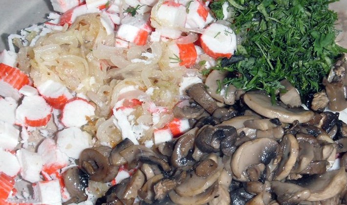 Mushroom salads with crab sticks