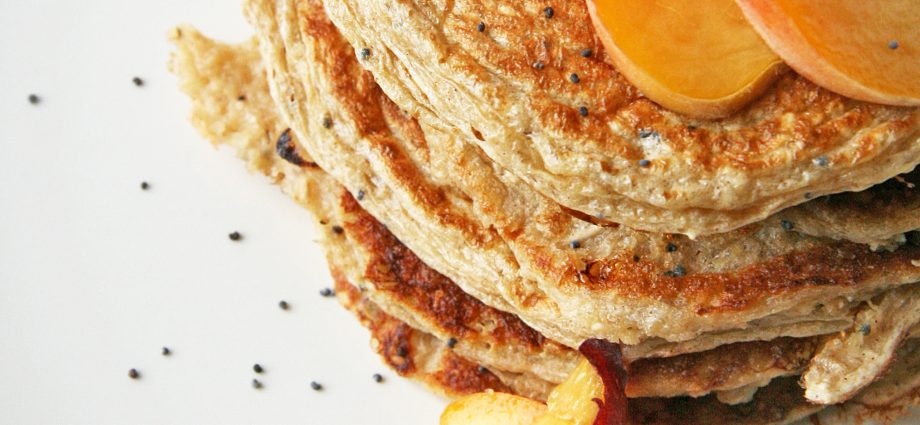 Pancakes with cottage cheese and peach mousse. A recipe for a healthy meal