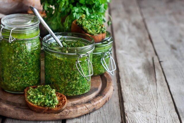 Parsley with salt for the winter in jars