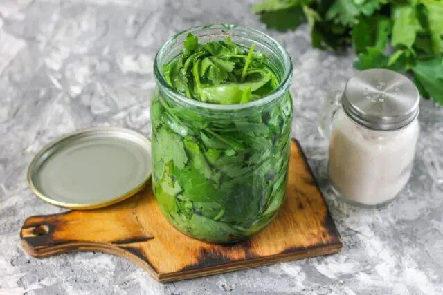 Parsley with salt for the winter in jars