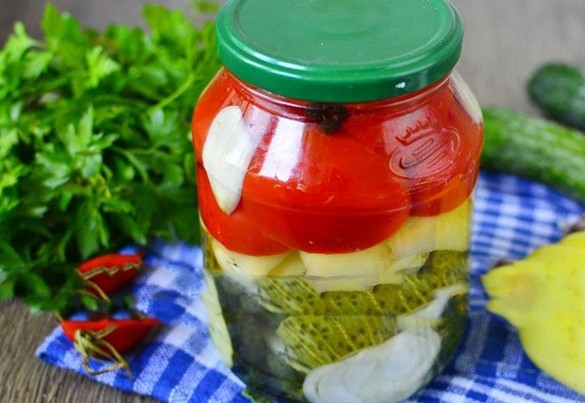 Pickled assorted cucumbers, tomatoes and squash: canning recipes for the winter