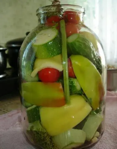 Pickled assorted tomatoes with cucumbers, zucchini, cabbage