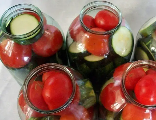 Pickled assorted tomatoes with cucumbers, zucchini, cabbage