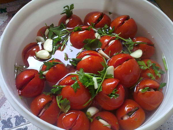 Pickled tomatoes for the winter in jars