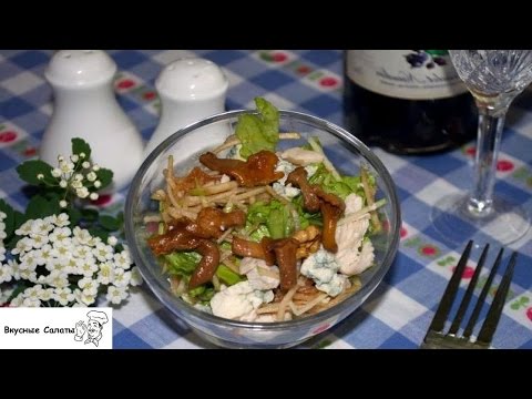 Salad with chanterelle mushrooms: with chicken, cheese, egg, beans