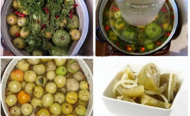 Salting green tomatoes in a cold way in a saucepan 