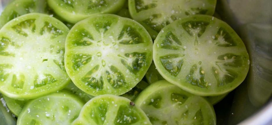 Salting green tomatoes in a cold way in a saucepan 